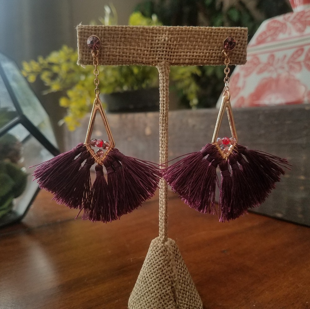 Purple beaded gold fringe earrings